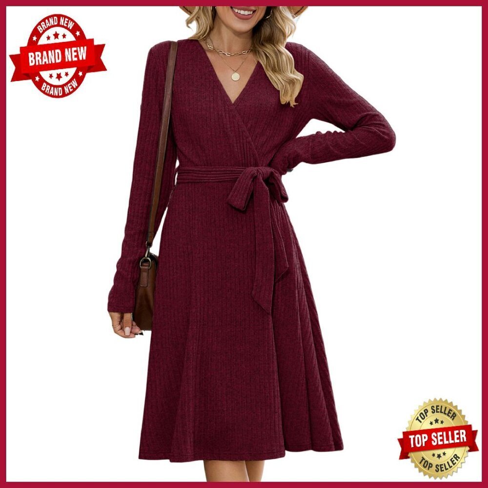 Long Sleeve V Neck Wrap Sweater Dress Ribbed Knit Midi with Belt
